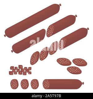 Vektor icon Abbildung: Logo für die ganze Wurst Salami, slice Schweinefleisch Schinken. Wurst Muster, die aus natürlichen Leckeres essen Fleisch, halb Frankfurter. E Stock Vektor