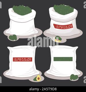 Vektor icon Abbildung: Logo für Beutel mit Obst Avocado gefüllt, Speicherung in Säcken. Avocado Muster bestehend aus reif essen, Rohstoff auf offenen Sack. Stock Vektor