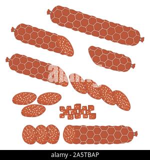 Vektor icon Abbildung: Logo für die ganze Wurst Salami, slice Schweinefleisch Schinken. Wurst Muster, die aus natürlichen Leckeres essen Fleisch, halb Frankfurter. E Stock Vektor