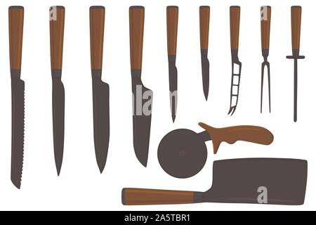 Abbildung auf Thema große farbige verschiedene Set Messer unterschiedlicher Größe für Metzger. Messer Muster bestehend aus Sammlung Zubehör butcher Ich Stock Vektor