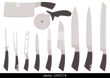 Abbildung auf Thema große farbige verschiedene Set Messer unterschiedlicher Größe für Metzger. Messer Muster bestehend aus Sammlung Zubehör butcher Ich Stock Vektor
