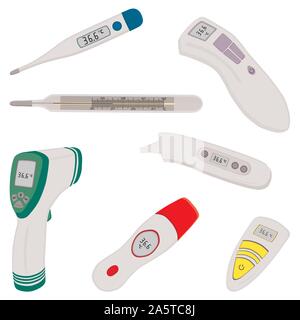 Abbildung auf Thema große farbige verschiedene Arten von Thermometern für Krankenhaus. Thermometer aus Sammlung Zubehör mit Qualität kontro Stock Vektor