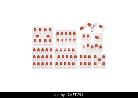 Abbildung auf Thema große farbige verschiedene Arten von Pillen innen Blister. Pille Muster bestehend aus Sammlung Blasen mit Qualität contr Stock Vektor