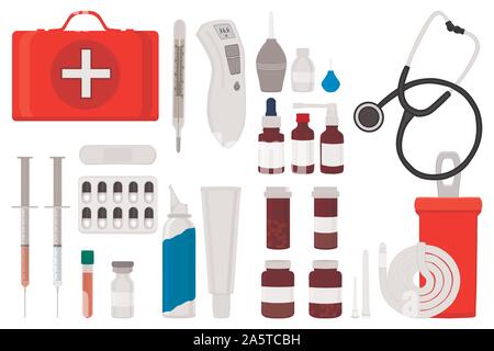 Abbildung: Symbol auf Thema große farbige verschiedene Medikamente unterschiedlicher Größe für die Apotheke. Medikation bestehend aus Sammlung von Zubehör Stock Vektor