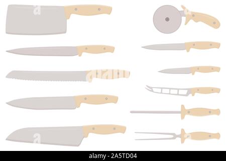 Abbildung auf Thema große farbige verschiedene Set Messer unterschiedlicher Größe für Metzger. Messer Muster bestehend aus Sammlung Zubehör butcher Ich Stock Vektor