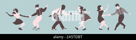 Drei Lindy Hop Tanzpaare Silhouetten auf blauem Hintergrund. Männer und Frauen im 40er Jahre Stil. Vector Illustration. Stock Vektor