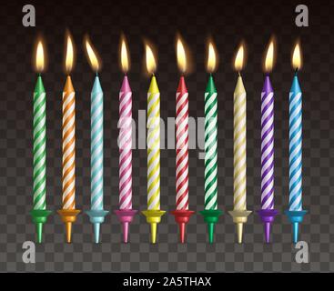 Kerzen für Kuchen. Realistische Vektor einrichten von brennenden Kerzen bunt gestreiften Stock Vektor