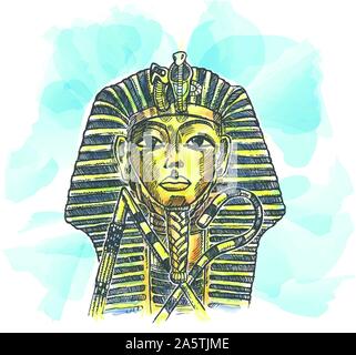 Goldene Maske des ägyptischen Pharaos Hand Aquarell gezeichnet Stock Vektor