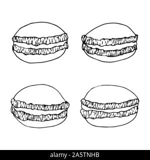 Dessert Bäckerei in doodle Vektor Stil. Handskizze Kuchen Macaron gezeichnet. Macarons mit französischem Gebäck. Skizze von süßen Makronen. Stock Vektor
