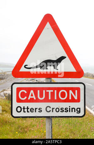 Warnzeichen für den Fischotter Überqueren der Straße auf dem Damm aus South Uist auf der entlegenen Insel Eriskay, auf den Äußeren Hebriden, Westschottland, Großbritannien Stockfoto
