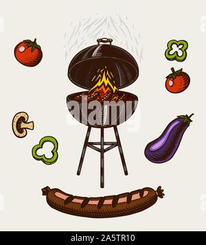 Grill im Vintage Style. Gezeichnet von Hand. Bbq party Zutaten. Heißen Grill Essen, Bier und Tools, Gemüse und Gewürzen. Vector Illustration Stock Vektor