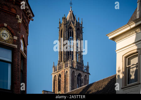 Dom tower Utrecht in der Luft hoch mit blauer Himmel am Nachmittag Sonne bei Sonnenuntergang Stockfoto