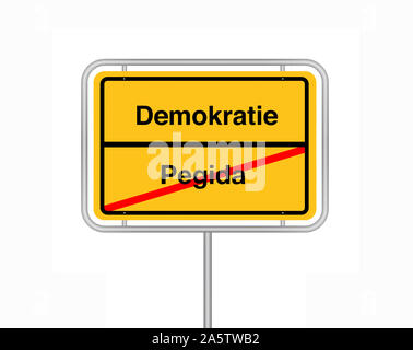 Ortsschild, Ortsausgangsschild, Pegida, Demokratie, Stadt, Bundesrepublik Deutschland, Stockfoto