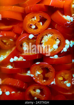 Rote eingelegte Jalapeno-Paprika in einem Glas. Stockfoto