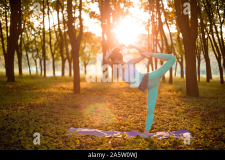 Ein junger Sport Mädchen übt Yoga in einer ruhigen, grünen Wald im Herbst bei Sonnenuntergang, in einem Yoga Asana darstellen. Meditation und Einssein mit der Natur. Stockfoto