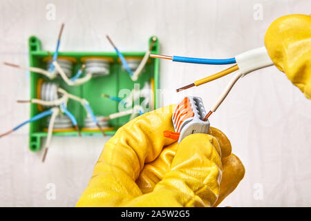 Ein Techniker verbindet Kupferdrähte über Stecker oder Anschlusssockel mit Hebel auf Federn bei der Montage eine rechteckige Kunststoff Anschlussdose an. Elektr Stockfoto