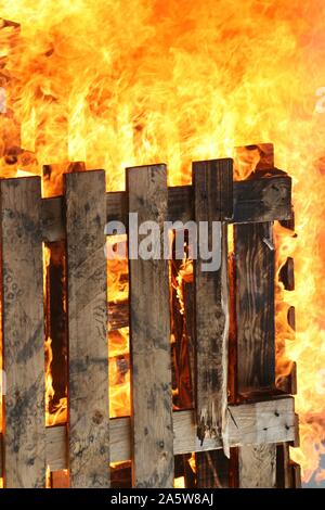 Holz Feuer, Holzpaletten in Brand Stockfoto