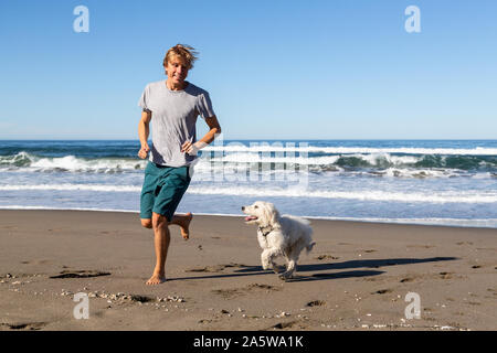 Ein junger Mann läuft auf den Strand mit seinem gerne Englisch Creme Goldendoodle Welpen. Stockfoto