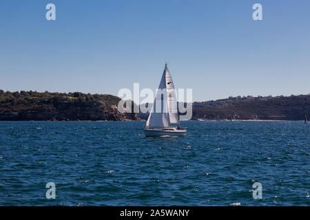 Blick auf die Sydney Heads, Überfahrt von Watsons Bay zu Manly auf der Schnellfähre dauert ca. 15 Minuten. Eine Yacht über die Köpfe. Stockfoto