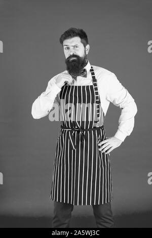 Arbeit Süchtiger. Hipster tragen elegante Arbeit einheitlich. Koch oder Barkeeper routinemäßige Arbeit in Restaurant Bar oder in der Küche. Bärtiger Mann in Bow Tie und Schürze. Tägliche Arbeitsabläufe und Aktivitäten. Stockfoto