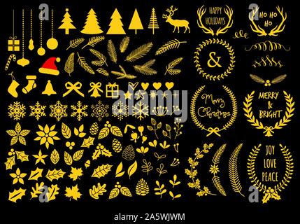 Gold Weihnachten mit Blumen, mit Lorbeerkranz, Schneeflocken und Geweih, vektor design elemente Stock Vektor
