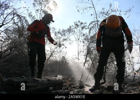 Gowa, Indonesien, 23. Okt 2019. Zwei Probanden einen Wald Ausfall auf dem Berg Bawakaraeng, das Feuer mit Wasser sprühen erwischt. Die Waldbrände auf dem Berg Bawakaraeng seit Sonntag, 20. Oktober 2019 stattgefunden haben, und bis Oktober kann jetzt nicht gelöscht werden, obwohl ein gemeinsames Team der Site bereitgestellt wurde. Credit: Herwin Bahar/Alamy leben Nachrichten Stockfoto