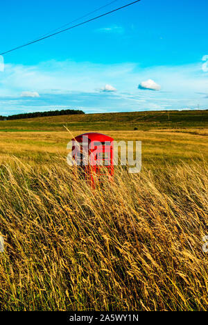 Ländliche rote Telefonzelle in einem Feld Stockfoto