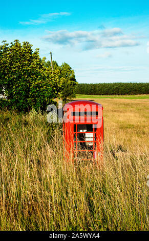 Ländliche rote Telefonzelle in einem Feld Stockfoto