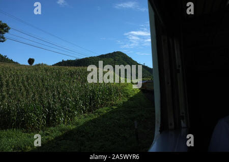 Blick aus dem Zug Bahn macht eine Kurve durch eine wunderschöne natürliche grüne Wiesen und Berge biegen. Reisen in Thailand Stockfoto