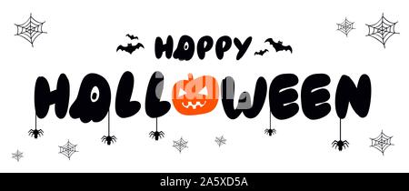 Vektor Plakat mit der Art des Happy Halloween, Kürbis, Fledermaus, Spinne und Web auf weißem Hintergrund. Für Banner, Grußkarte, Party Einladung Stock Vektor