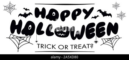 Vektor Plakat mit der Art des Happy Halloween, Kürbis, Fledermaus, Spinne und Web auf weißem Hintergrund. Für Banner, Grußkarte, Party Einladung Stock Vektor