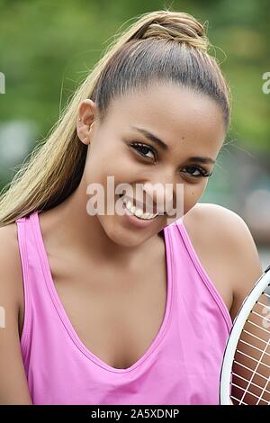 Happy Fit Girl Tennis Player Stockfoto