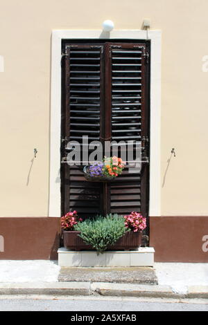 Familie Haus Hinterhof Eingang mit Holzjalousien mit Begonien und andere Pflanzen in Blumentöpfen vor Auf warmen sonnigen Sommertag gepflanzt geschlossen Stockfoto