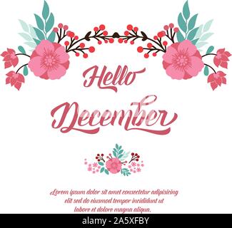Handgeschriebene Karte hallo Dezember, mit Skizze von Blatt Blume Rahmen. Vektor Stock Vektor