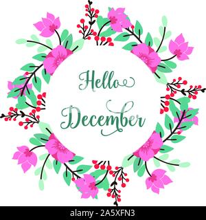 Handgeschriebene Karte hallo Dezember, mit Skizze von Blatt Blume Rahmen. Vektor Stock Vektor
