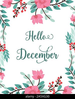 Handgeschriebene Karte hallo Dezember, mit Skizze von Blatt Blume Rahmen. Vektor Stock Vektor