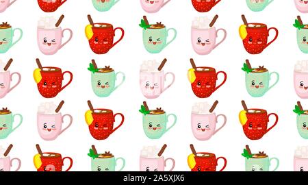 Frohe Weihnachten Süße Muster mit kawaii Cups. Heißes Getränk. Neues Jahr Zeichen.. Stock Vektor