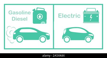 Vector Illustration Vergleich elektrische Umweltfreundliche vs Gas umweltschädliche Autos. Ökologie Konzept. Umweltschutz. Batterie, Gas caniste Stock Vektor