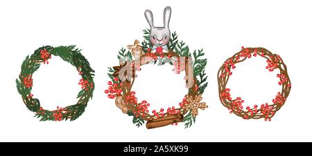 Satz von Weihnachten Kränze. Element für Design Cards und Textilien. Für das neue Jahr. Tannenzweigen und roten Beeren. Stock Vektor