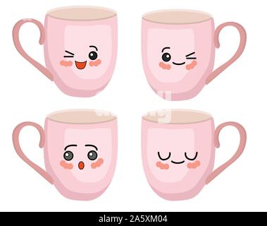 Schöne Tassen. Satz von verschiedenen Emotionen. Winter heiß trinken.. Stock Vektor