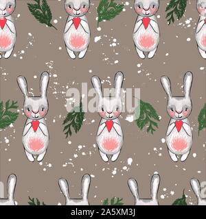 Nahtlose weihnachten Muster. Weihnachten Kaninchen. Tannenzweigen und Urlaub Dekorationen. Kinder- Stil. Schnee Hintergrund. Stock Vektor