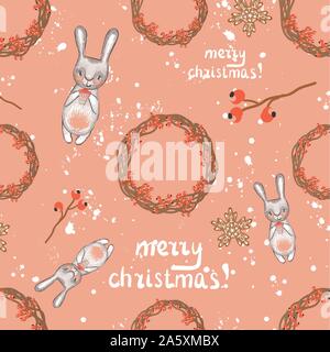 Nahtlose weihnachten Muster. Weihnachten Kaninchen. Tannenzweigen und Urlaub Dekorationen. Kinder- Stil. Schnee Hintergrund. Stock Vektor