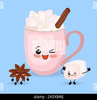 Niedliche manga Tasse mit Cappuccino und Marshmallows. Rosa Farbe. Lustige cartoon Charakter. Stock Vektor