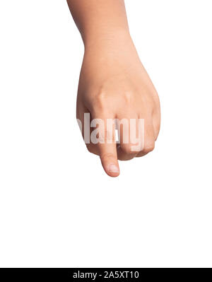 Menschliche Hand etwas zeigen auf einem weißen Hintergrund. Weibliche berühren einzugrenzen. Stockfoto