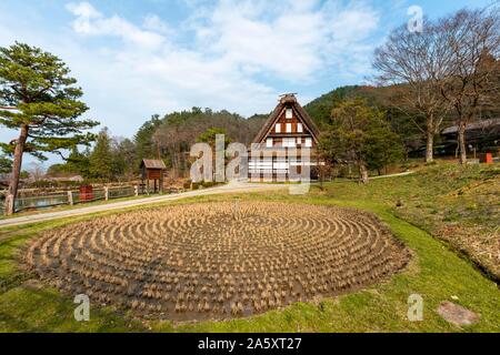 Runde Reisfeld mit Bauernhaus, Wiederaufbau eines alten japanischen Dorf, Hida Minzoku Mura Folk Village, Hida keine Sato, Takayama, Japan Stockfoto