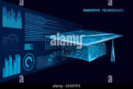 E-Learning-Fernstudium Zertifikat Programm Konzept. Low Poly 3D Rendering Graduation Cap HUD Graph Growth Banner-Vorlage. Internet-Bildung Stock Vektor