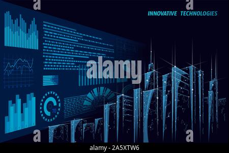 Low Poly Smart City 3D Drahtgeflecht. Intelligentes Geschäftskonzept für Gebäudeautomatisierungssysteme. Hohe Wolkenkratzer Rand Muster Hintergrund. Architektur Stock Vektor