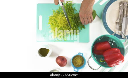 Römersalat auf einem Schneidebrett. Salat Vorbereitung. Frische organische Römersalat, Paprika, Zwiebel, gewürze, und Olivenöl Stockfoto