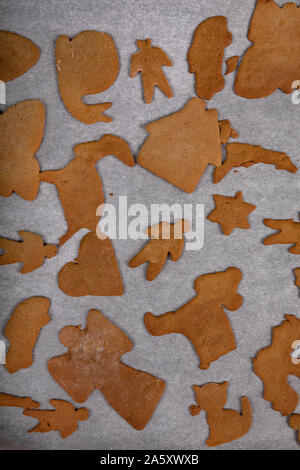 Hausgemachte Lebkuchen Cookies auf ein Backblech. Die Lebkuchen Cookies sind unvollkommen Spaß gebacken in verschiedenen Formen. Im Hintergrund sind Rolling Pin Stockfoto