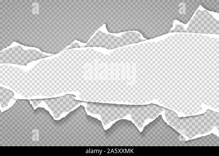 Stücke von gestapelten zerrissen, weißen und grauen realistische horizontalen Papierstreifen mit weichen Schatten sind auf dunklen Karierter Hintergrund. Vector Illustration Stock Vektor